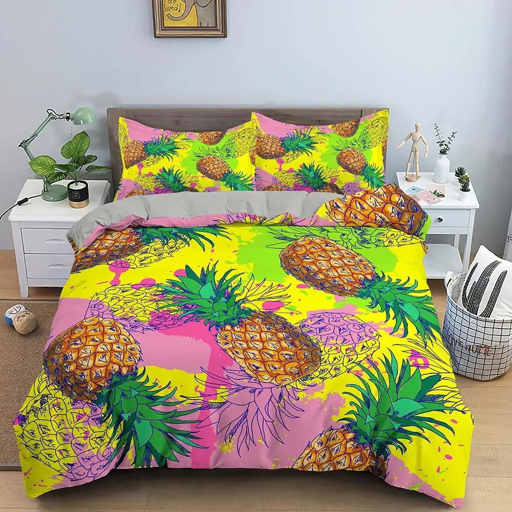 Pineapple Duvet Cover Set Queen Size Kids Colorful Pineapple Bedding Set Girls Teens Bedding Set Fruit Polyester Comforter Cover