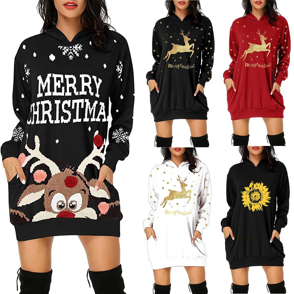 Women's Fashion Christmas Hip Pocket Print Hoodie Fashion Dress
