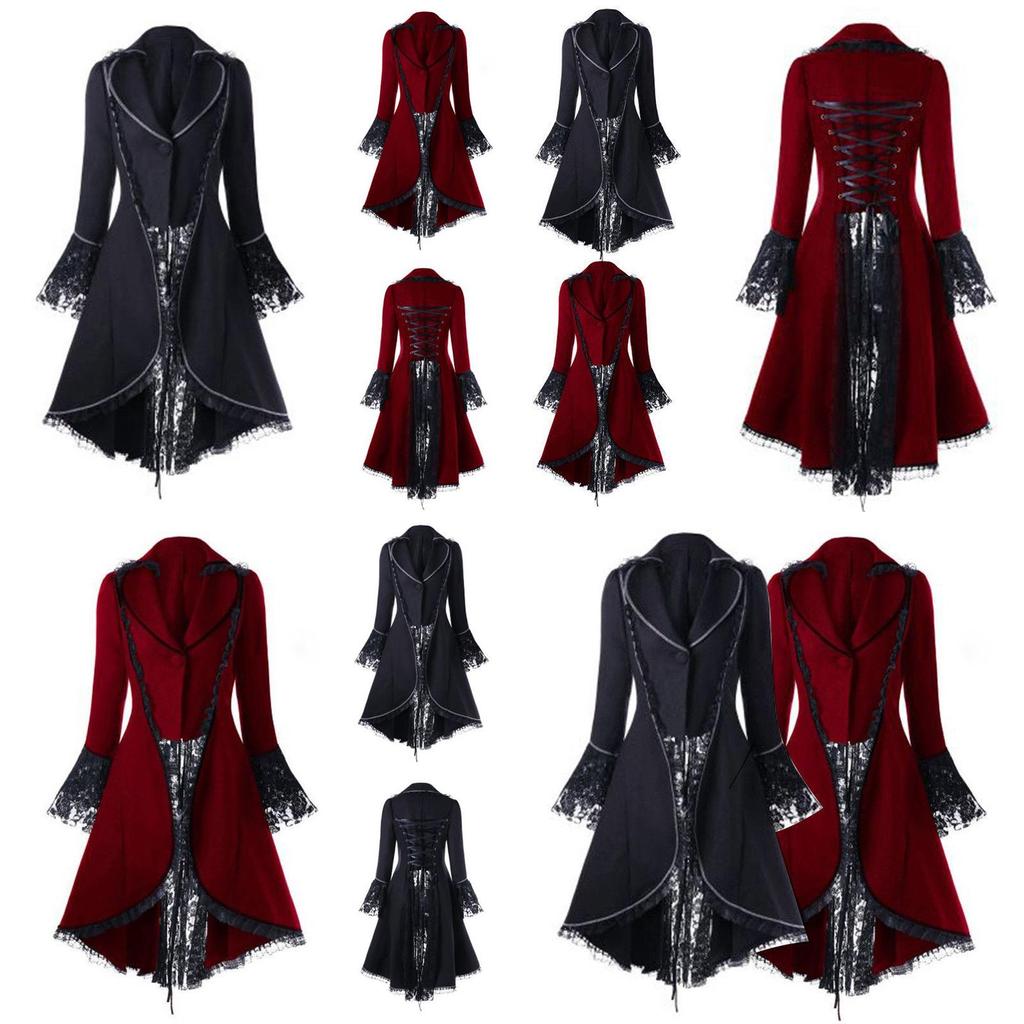 Women's Victorian Style Long Sleeve Coat Dress With Turn-down Collar And Button Opening Front
