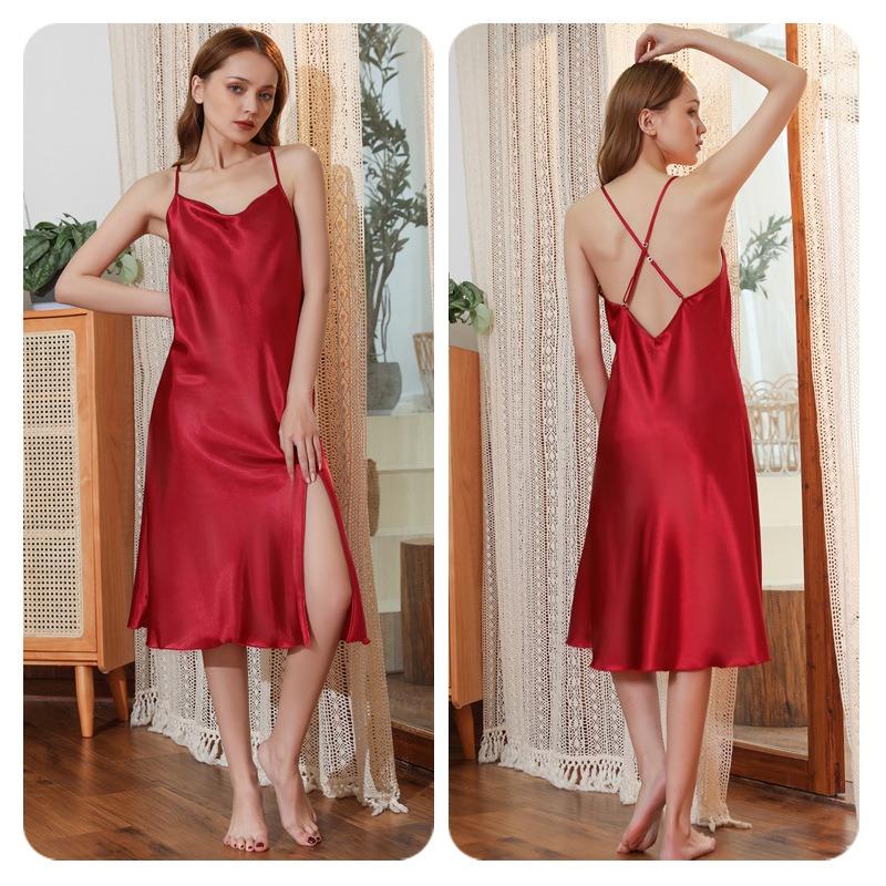 Women's One-line Collar Solid Colour Glossy Satin Cross Strap Nightgown Summer Sexy Backless Mid-length Halter Strap