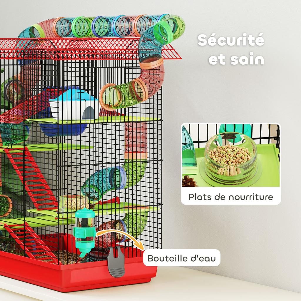 Cage for hamsters, mice, and small rodents with tunnel, feeder, wheel, and toy, 47 x 30 x 59 cm, red