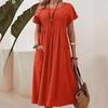 Women's Plus Size Summer Cotton Linen Dress Round Neck Short Sleeve Solid Color Pleated Pocket S-5XL