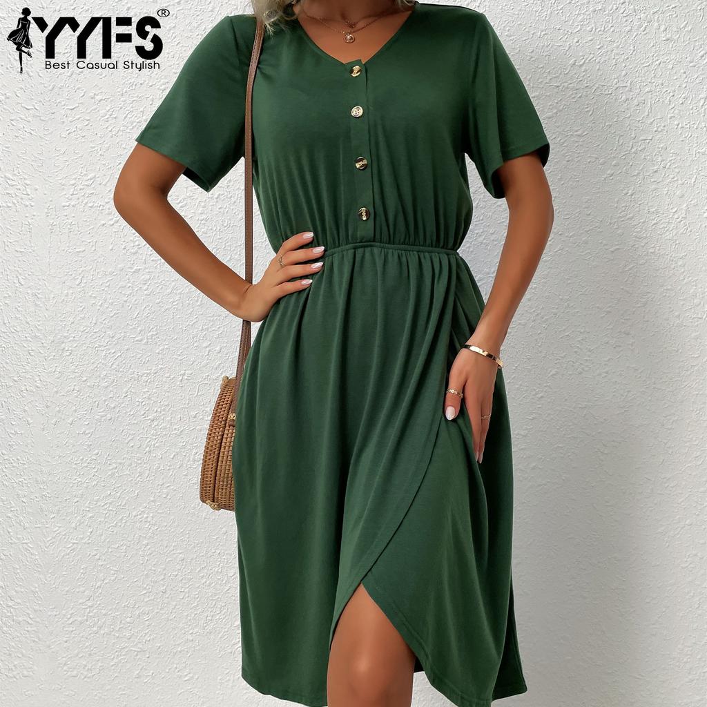 YYFS Women's Fashion Summer Spring Solid Color Print Short Sleeve V-Neck Casual Dresses