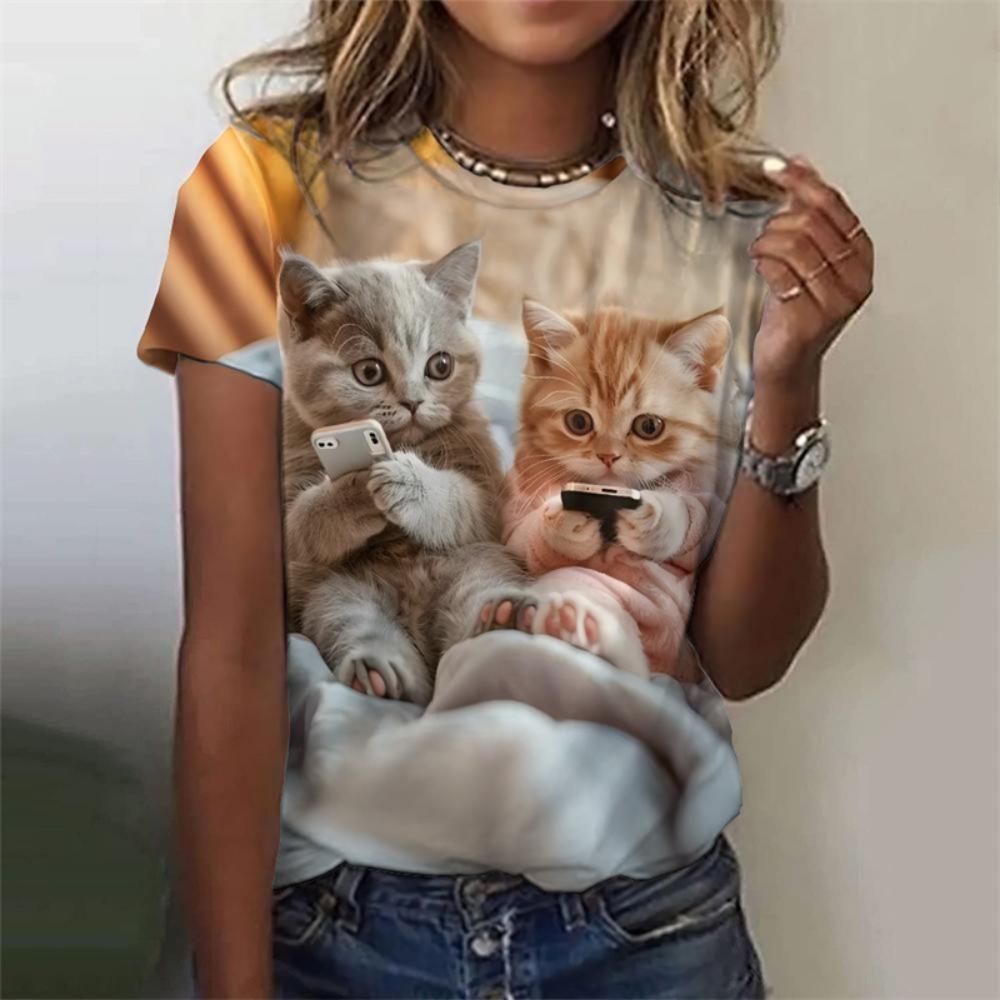 Cute Women's Cat Dog 3d Print Casual Short Sleeve Funny Fashion Streetwear O-Neck Orange Cat