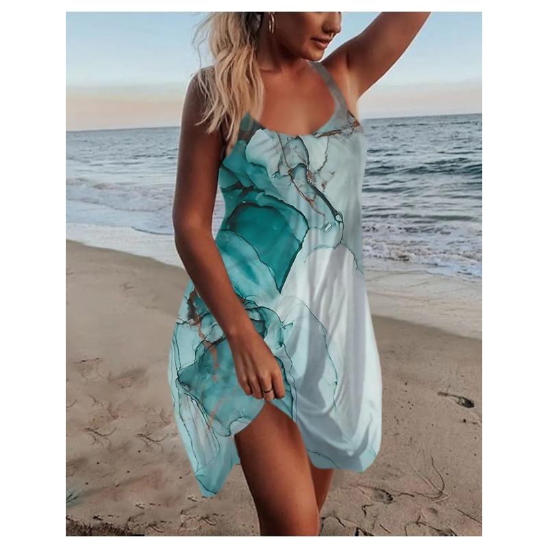 VEZFAA Женская мода лето весна цвет блок принт без рукавов подтяжки свободная талия повседневные платья