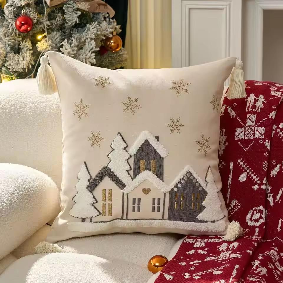 Red Embroidered Merry Christmas Throw Pillow Case Decorative Sofa Cushion Cover for Home Holiday Party Decor