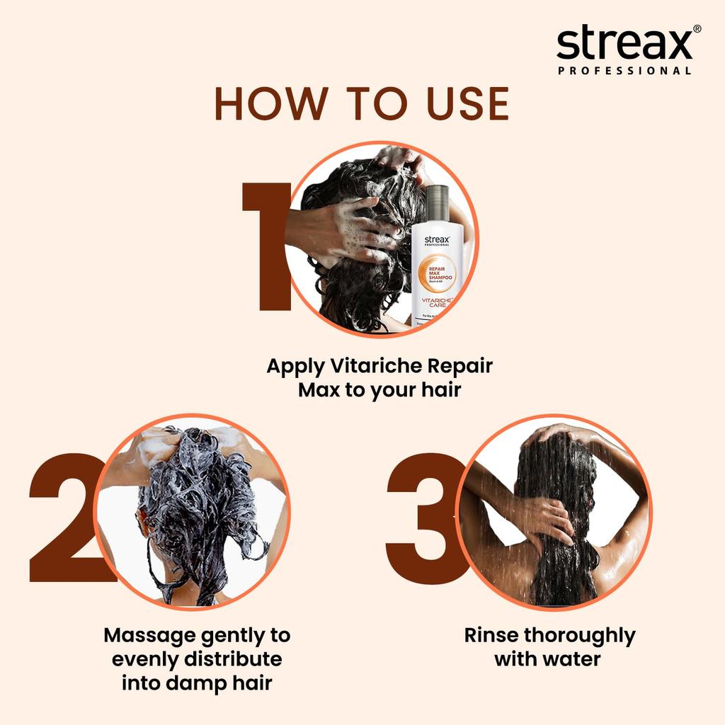 Streax Professional Vitariche Care Repair Max Shampoo 300ml For Dry Damaged Hair Unisex Hair Strengthening