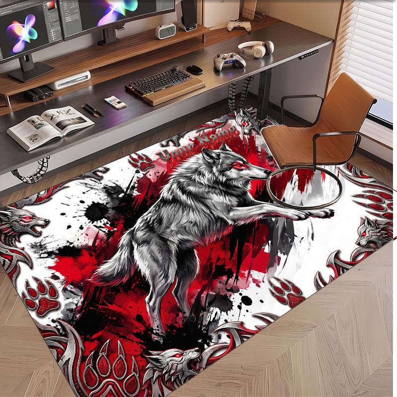 Wolf Theme Soft Crystal Velvet Rug Custom Name & Text Print Non Slip Floor Rug for Bedroom Living Room