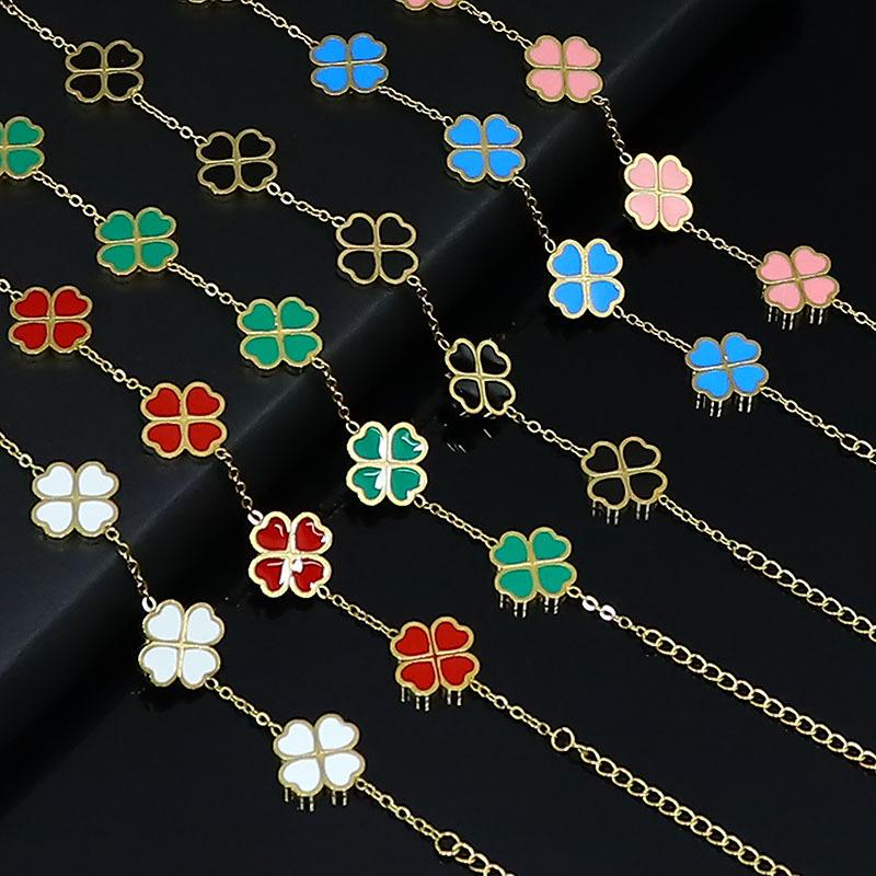 Браслет из титановой стали с четырьмя листочками клевера и пятью цветками, простой женский браслет из нержавеющей стали с эпоксидной смолой, однослойное украшение на руку девушки