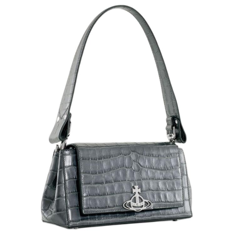 Vivienne Westwood Hazel Crocodile Pattern Magnetic Closure Leather Shoulder Bag Medium Women bags Black 46020001WL00A2ANTHRACITE