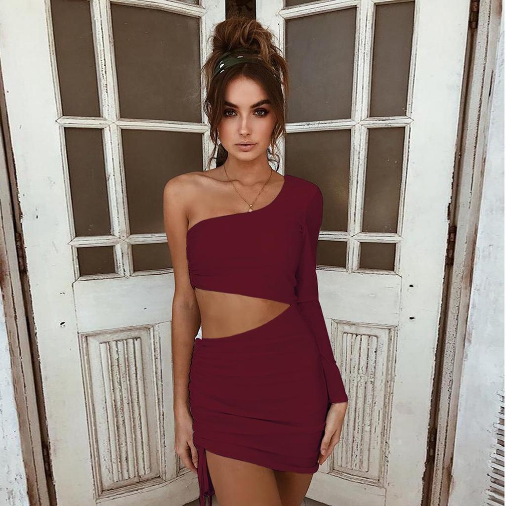 Women's One-Shoulder Sexy Drawstring Long Sleeve Summer Dress