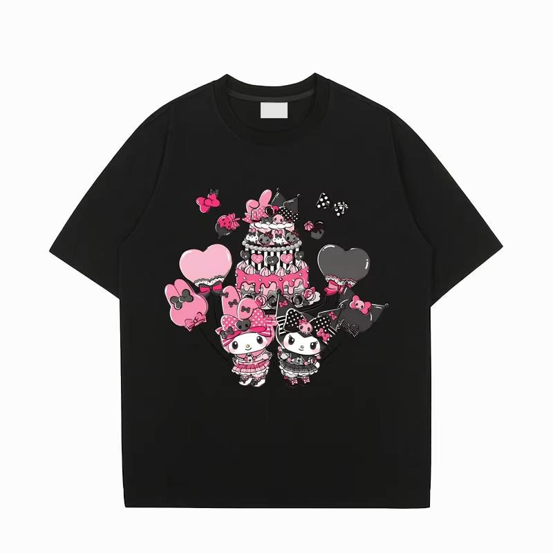 Kuromi and My Melody Tshirt Cartoon Pink Shortsleeve Top Womens Loose Casual Soft Cotton Tshirt Comfortable