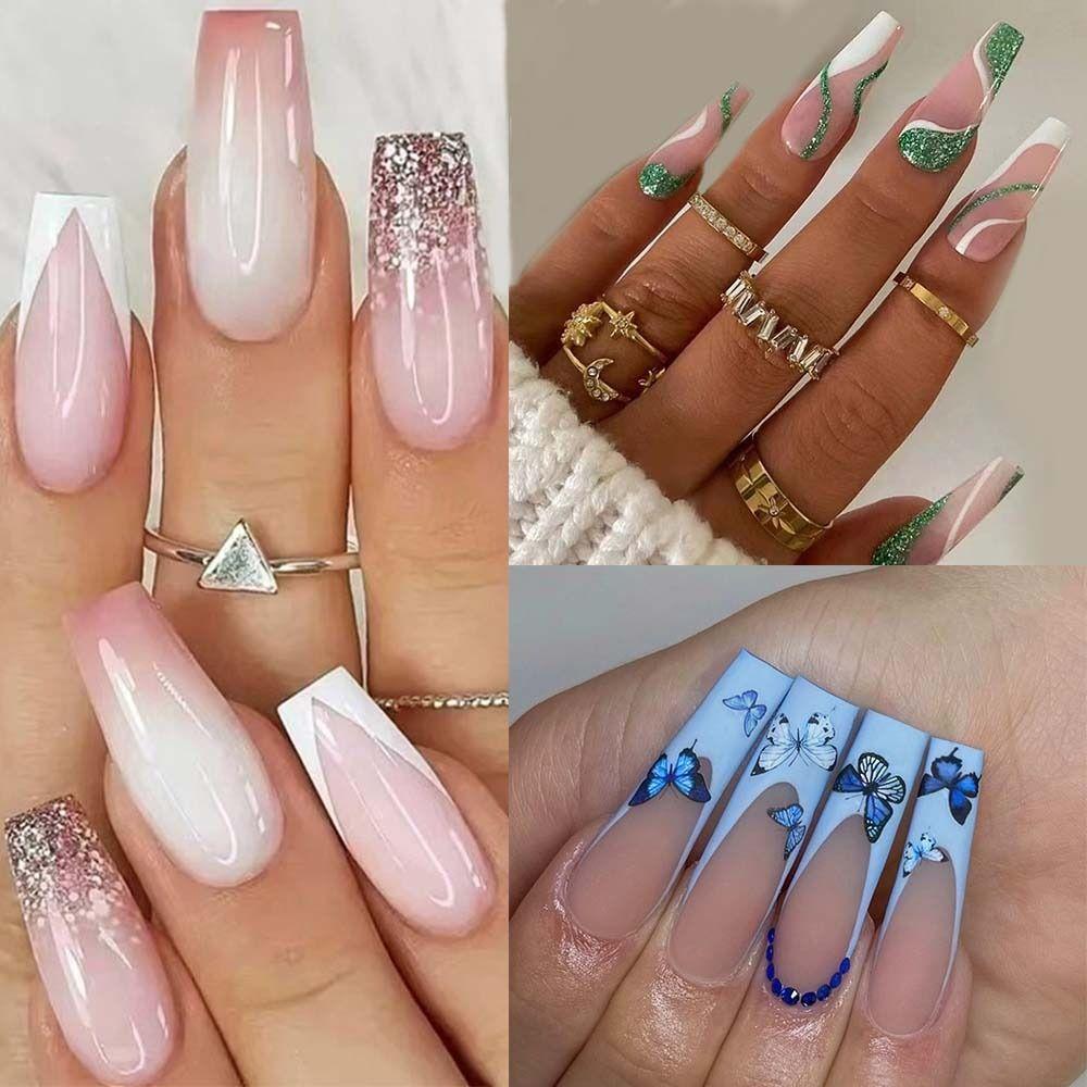 Французские накладные ногти, длинные балерины, пресс на ногтях, новые типсы для ногтей своими руками