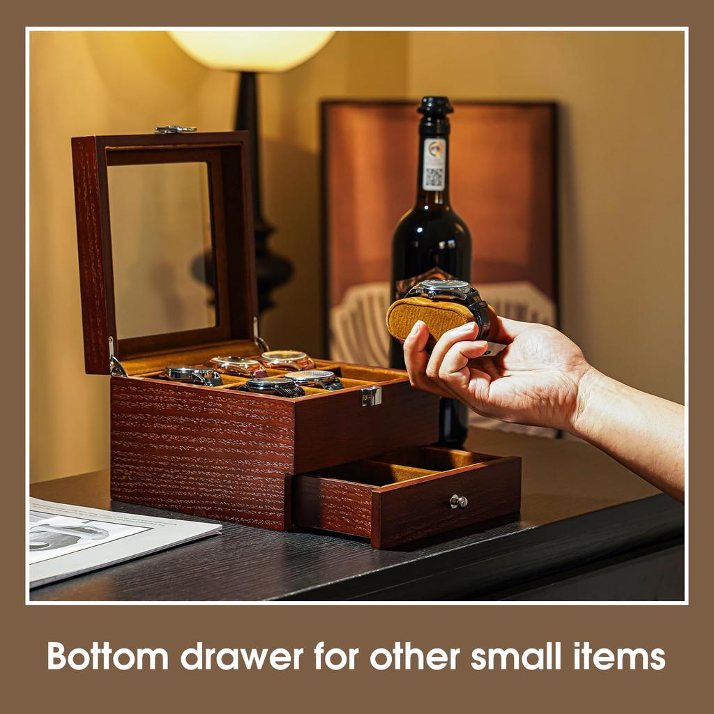 ProCase Деревянная шкатулка для часов с лаковым покрытием и стеклянной витриной, Подарок на день, Мужская коробка, 6 отделений, Отделка, Верх, Двухъярусный кейс, Отца (Эспрессо)