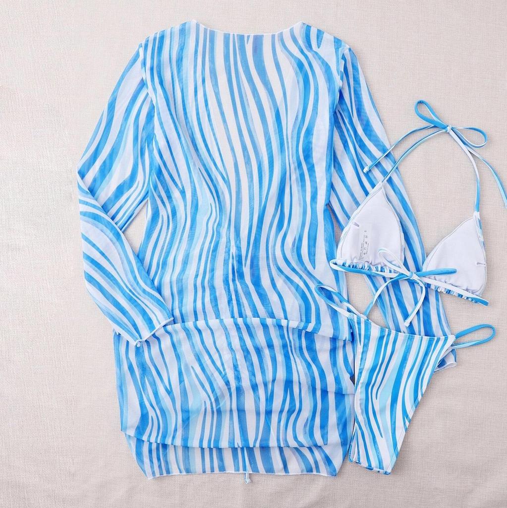 Купальник женский, разделенный комплект из трех предметов, трехточечный свитер с длинными рукавами, полосатые комплекты бикини на шнурке