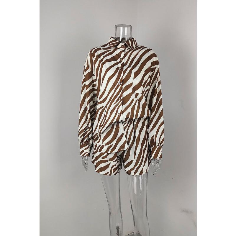 Women Fashion Printed Long Sleeve Shirt And Shorts Casual Two Piece Set