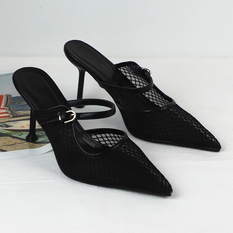 Модные женские босоножки на высоком каблуке с острым носком и сексуальной сеткой, лето 2025, новый дизайнерский черный слингбэк, элегантные туфли-стилет для офисной леди
