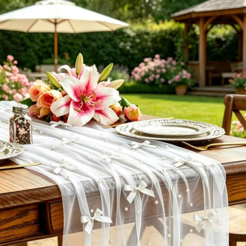 Romantic Bow Pearl Chiffon Runner Semi-Transparent Gauze Tablecloth Tulle Table Runner Wedding