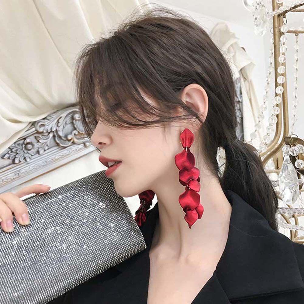 Vintage Red Rose Drop Petals Long Tassel Flower Jewelry Dangle Earrings Stud Earring Accessories