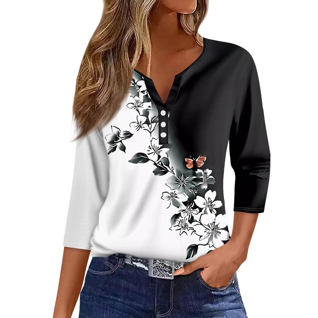 Жен. Футболка С принтом Пуговицы Рукав 3/4 Повседневные Выходные Мода Классический Классический V-образный вырез Обычный Верх