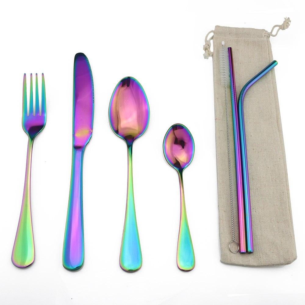 4Pcs/Set Colorful Flatware Light Portable Stainless Steel Blue Knife Forks Spoons Dinner Western HQ Picnic Rainbow Cutlery Set