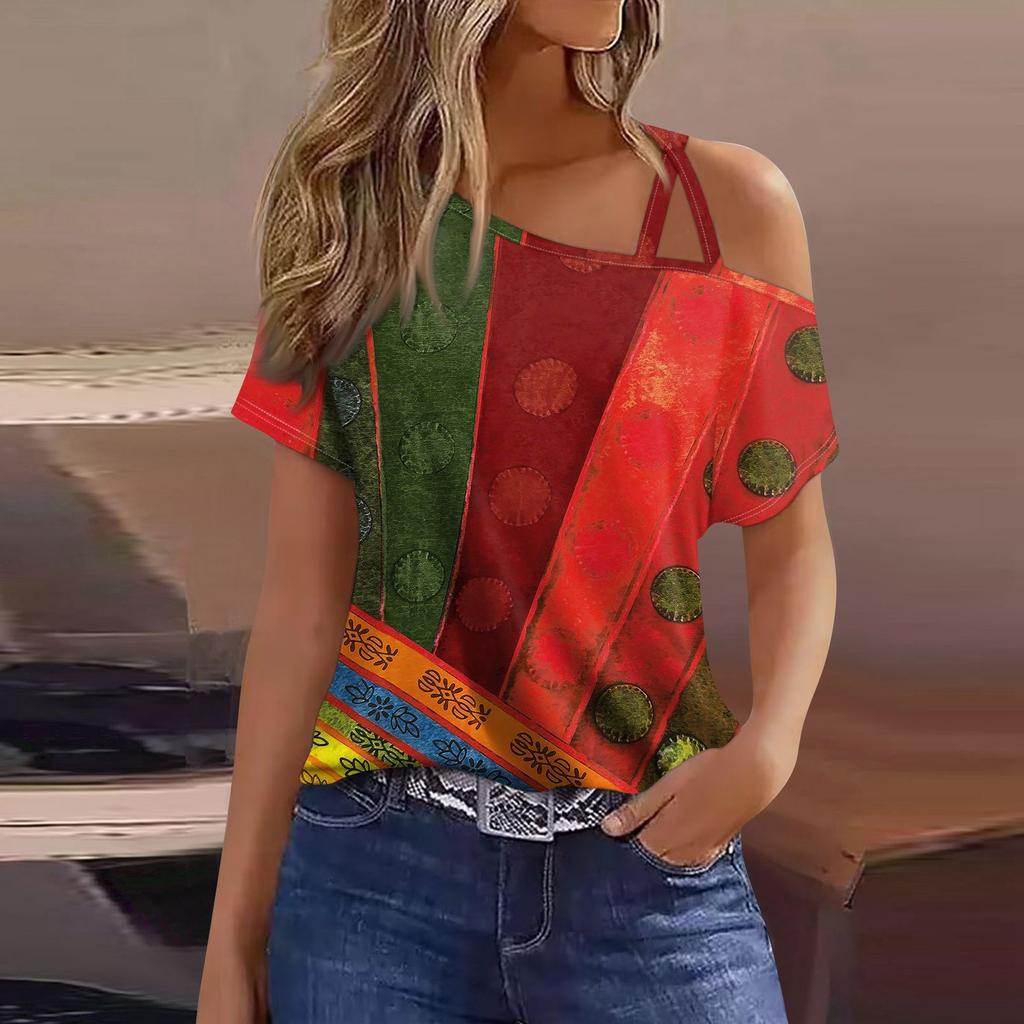 Women's Fashion Casual Print Sexy Cold Shoulder Short Sleeve T-shirt Top