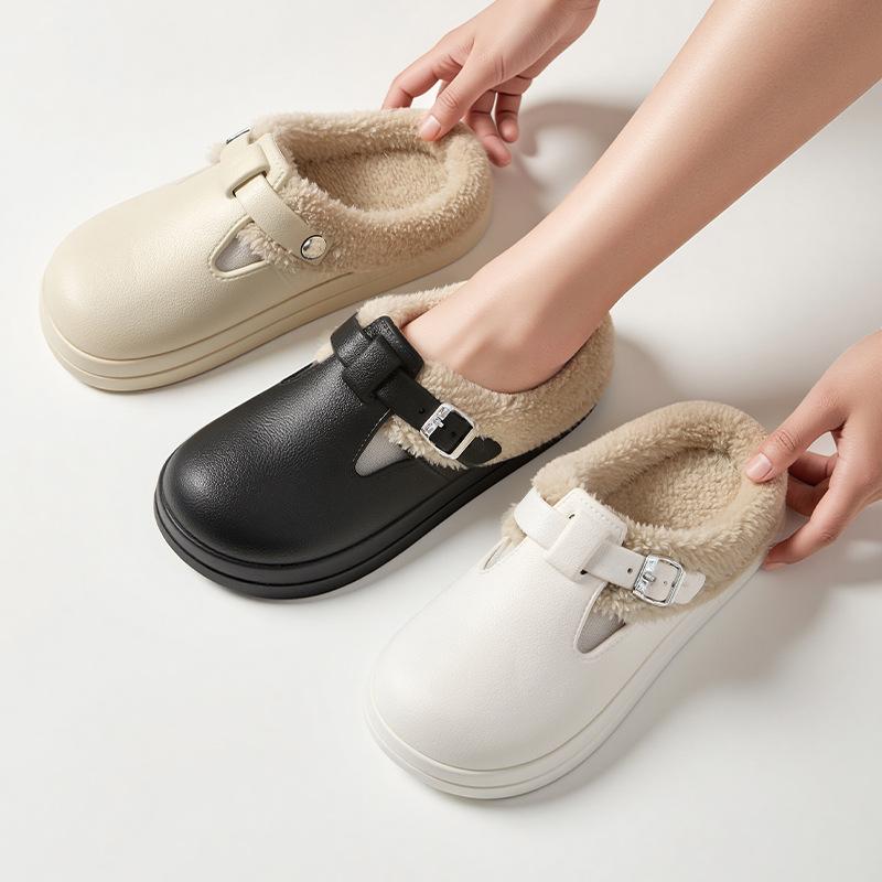 Модные зимние теплые меховые клоги-тапочки для женщин, водонепроницаемые нескользящие домашние тапочки из ЭВА, женская обувь для дома и улицы, толстые плюшевые хлопковые туфли