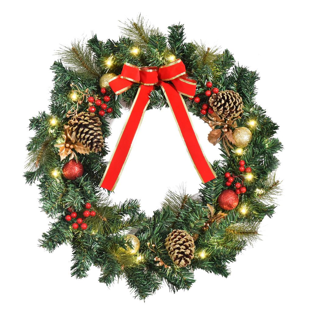 60cm Pre-Lit Artificial Christmas Door Wreath Holly LED Decor Pine Cones Hanging Glittered Festival Indoor Decoration