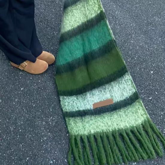 Women's Mohair Winter Scarf Cashmere Feel Tassel Scarf Colorful Striped Long Scarf Winter Shawls Wraps for Cold Weather