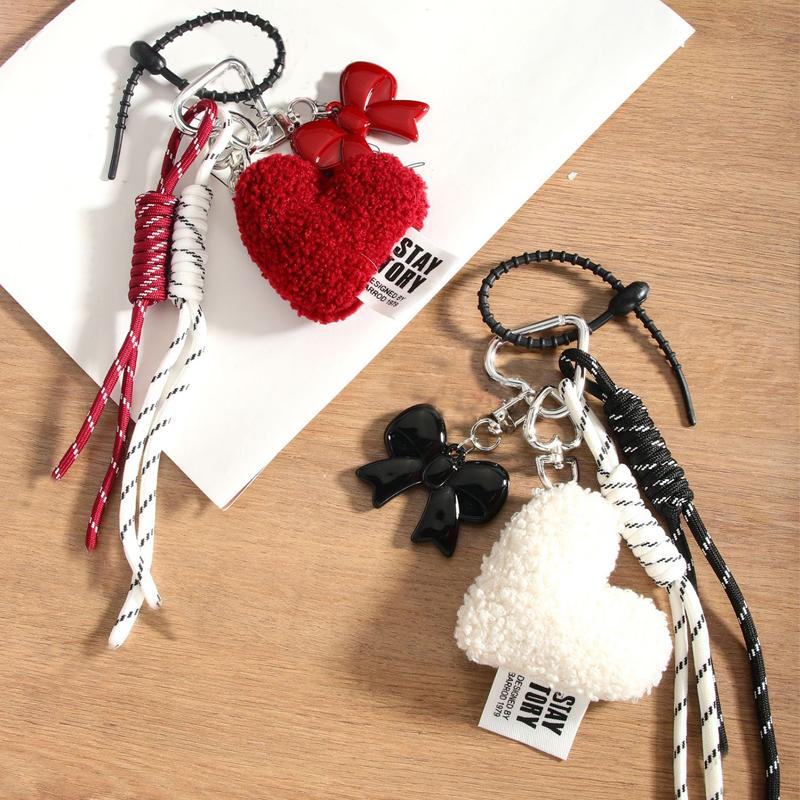 Plush Heart Keychain Woven Rope Exquisite Creative Design Backpack High-end DIY Bow Keychain Accessory Gift