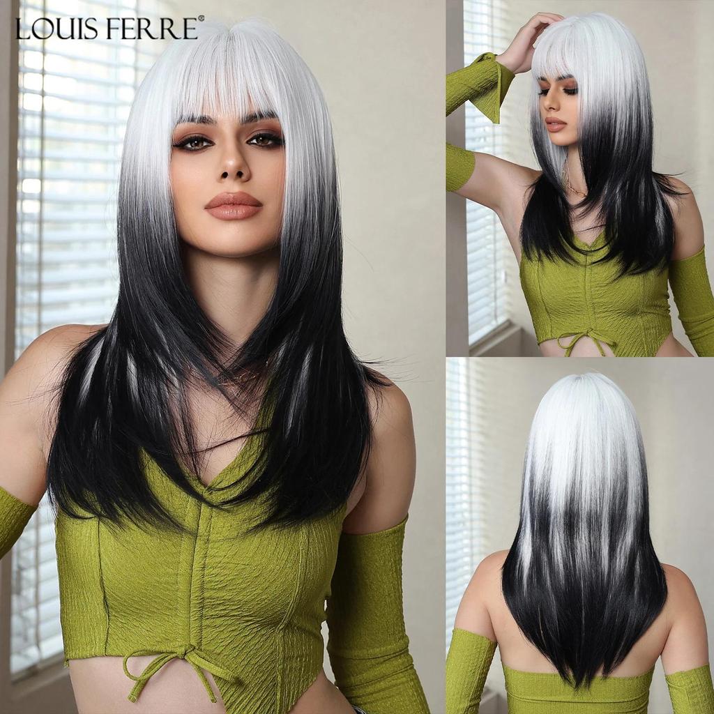 LOUIS FERRE Длинные прямые синтетические парики для женщин, белые, черные многослойные волосы с челкой, парики из термостойкого волокна на каждый день