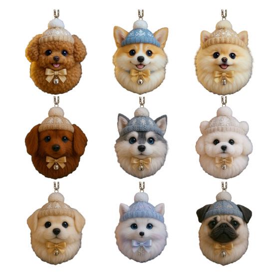 Pom-Pom Pet Ornament 2D Acrylic Cute Dog Christmas Ornament Cartoon Furry Pet Shaped Xmas Tree Hanging Decor for Holiday Party Supplies