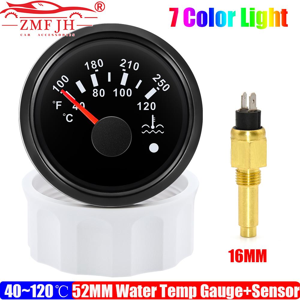 7 Color LED 52MM Water Temperature Gauge + Water Temp Sensor 12MM,14MM,16MM,17MM,21MM for Marine Boat Yacht Car Flash Warning