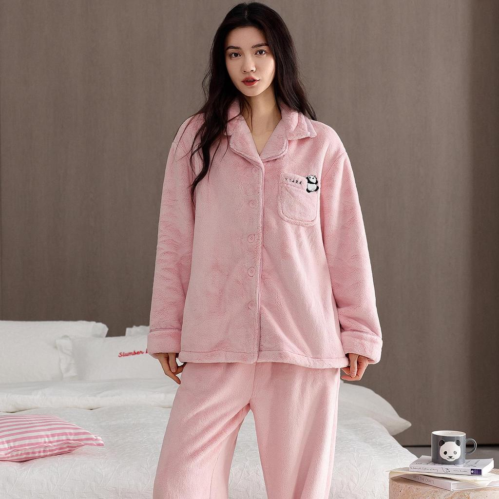 Women's Winter Flannel Pajama Set: Long Sleeve Cardigan & Warm Coral Fleece with Cartoon Panda Design
