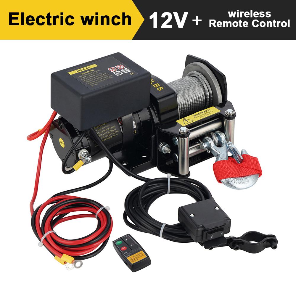 Мини-электрическая лебедка 12В/24В 2000 фунтов Лебедка для пляжного багги Лебедка постоянного тока Портативная тросовая лебедка с беспроводным пультом дистанционного управления