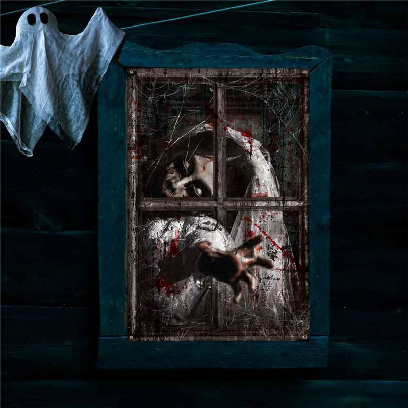 Хорошая Хэллоуинская Декорация Окна Ужас Женщина с Длинными Волосами Ужасающий Фон для Окна Хэллоуинский Постер для Окна Декорация