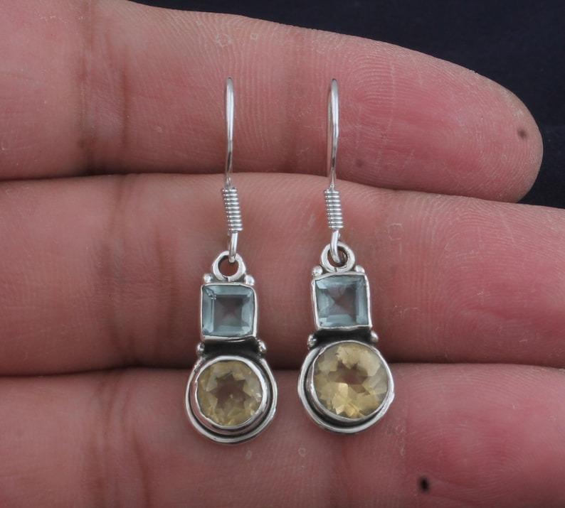 Blue Topaz & Citrine Gemstone Earrings, Solid 925 Sterling Silver Earrings, Birthstone Jewelry Gift For Mom