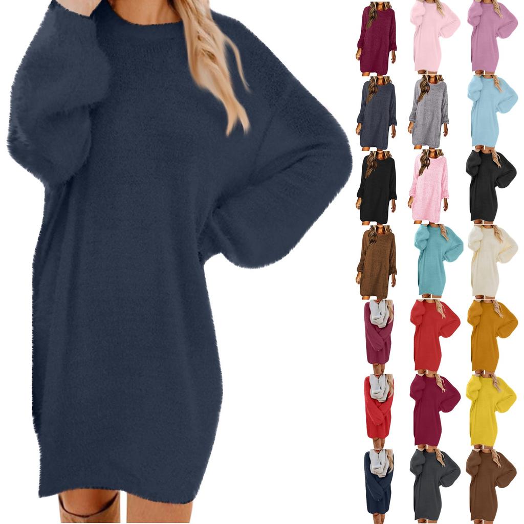 Женский зимний свитер вязать с круглым вырезом Теплый повседневный свитер с длинным рукавом Платье