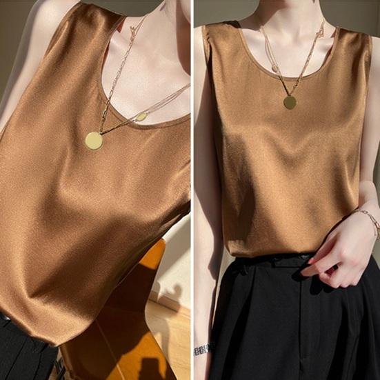 Women Summer Vest Round Neck Sleeveless Smooth Satin Vest Regular Fit Tank Tops Casual Camisole Clubs Daily Wear