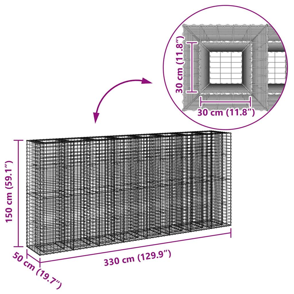 Gabion Raised Bed 4 pcs Silver 330 x 50 x 150 cm