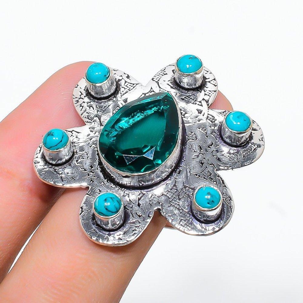 Кольцо из серебра 925 пробы с натуральным зеленым турмалином и бирюзовым драгоценным камнем, размер 9 m4g12