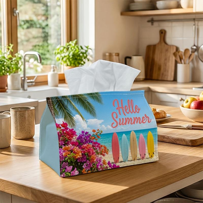1pc Coastal Summer Surfboard Tissue Holder - A Versatile Napkin Dispenser Crafted from Sturdy Polyester, Featuring a Design of Pink Bougainvillea Beac