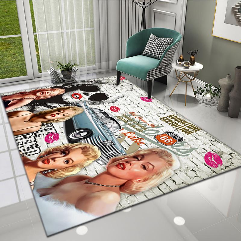 Famous Sexy Goddess Marilyn Monroe Carpet-Soft Polyester Floor Mat with Vintage Car Design,Pink&White Checkered Pattern,Perfect f