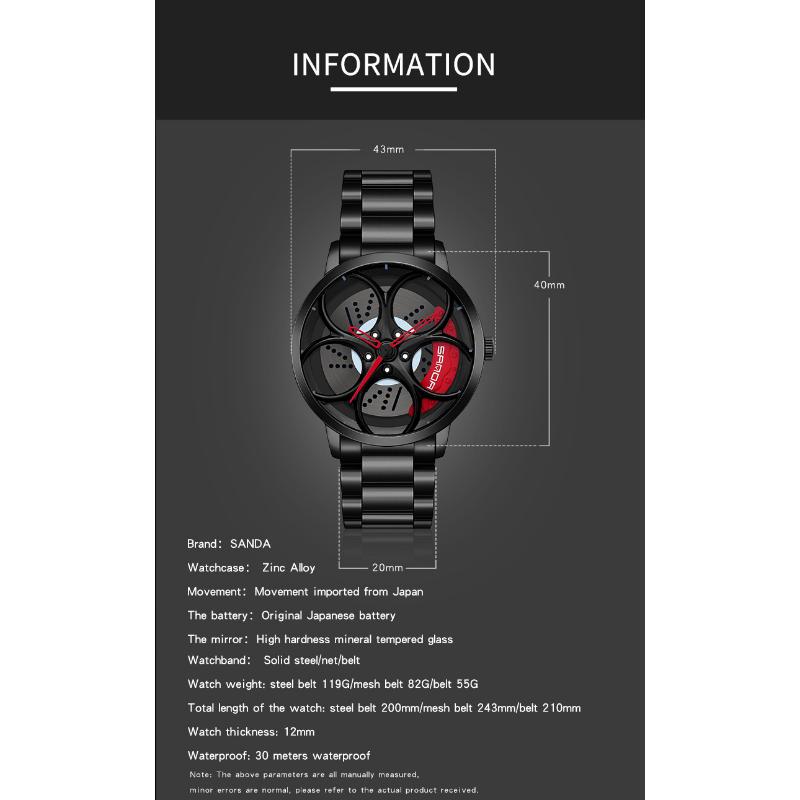 SANDA новые крутые мужские кварцевые часы с колесным циферблатом, повседневные мужские часы со стальным ремнем