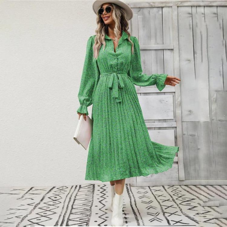 Женское осенне-зимнее повседневное платье с длинным рукавом, V-образным вырезом, цветочным принтом, А-силуэта, с завышенной талией, длиной до щиколотки