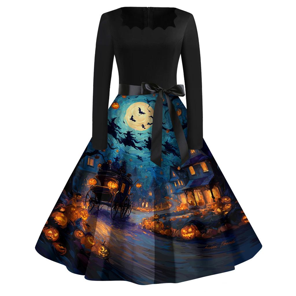 Womens Casual Vintage Halloween Print Square Neck Long Sleeve Dress with Waist Tie Retro Style Flared Skirt