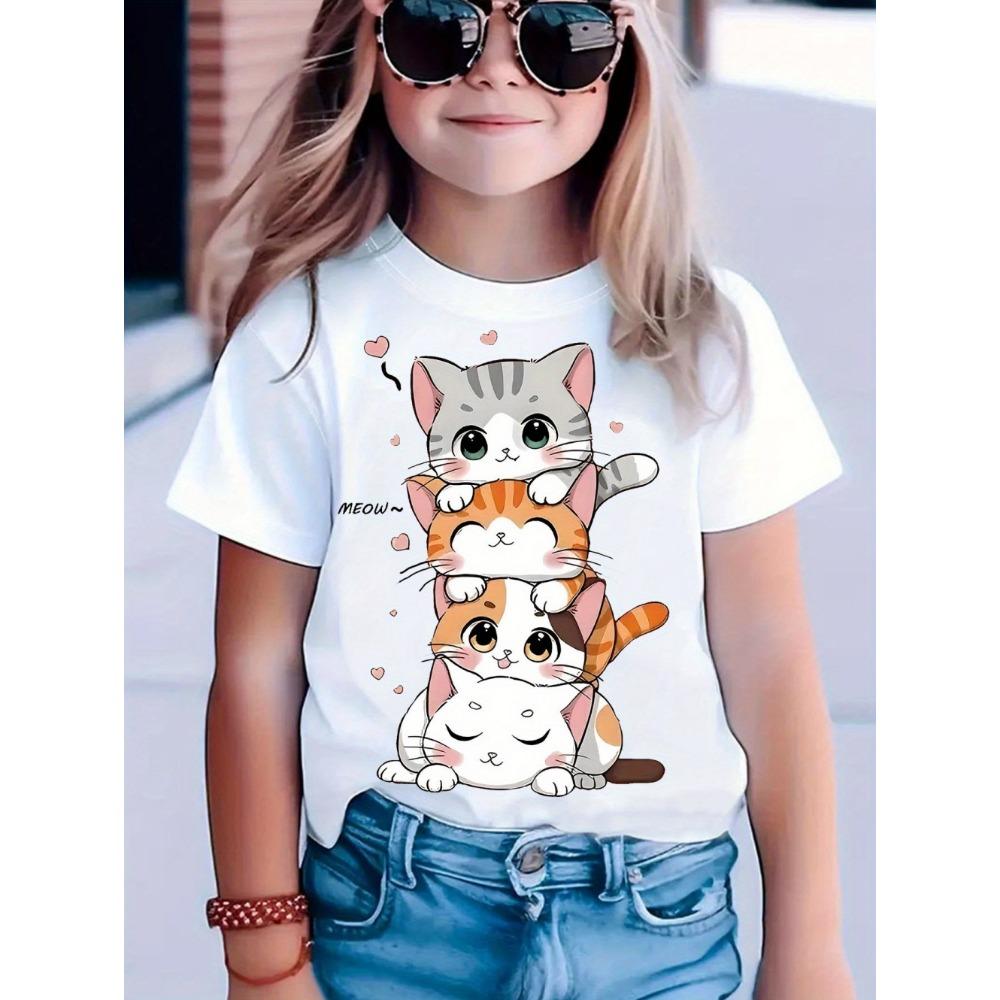 Girls' clothing 3D printed children's T-shirt round neck pullover, girls' short sleeved T-shirt, comfortable children's clothing