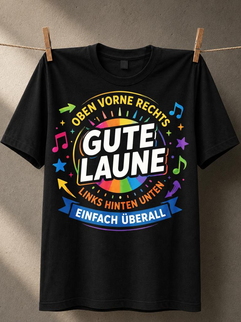 GUTE LAUNE Circle bold center text with Rainbow disc arrows and musical notes upbeat German style Unisex All T-Shirt