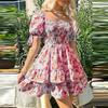 Women's Fashionable Floral Print Square Neck Pleated Short Sleeved Vacation Casual Dress