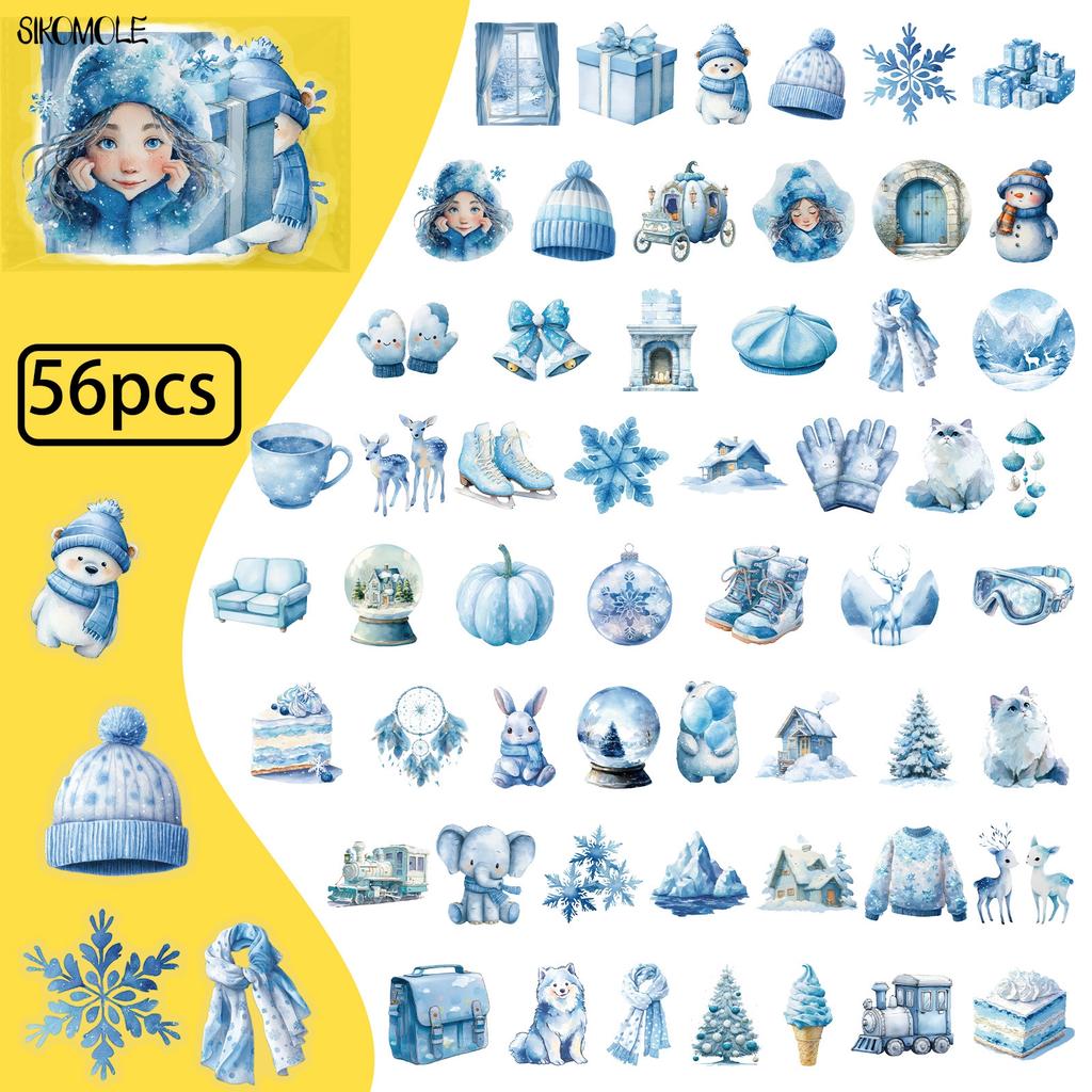 56pcs Transparent Cartoon Blue Winter Stickers Pack Waterproof PET Bookkeeping Material Decorative Car Notebook Graffiti Sticker